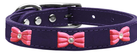 Pink Glitter Bow Widget Genuine Leather Dog Collar Purple 10