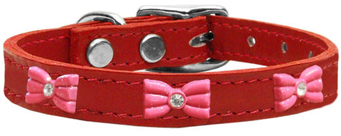 Pink Glitter Bow Widget Genuine Leather Dog Collar Red 10