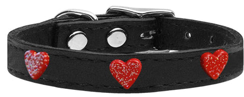 Red Glitter Heart Widget Genuine Leather Dog Collar Black 10