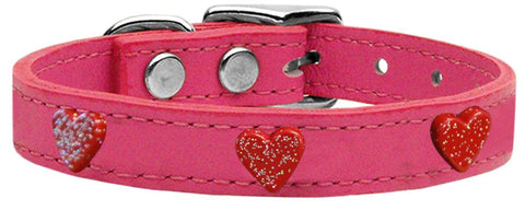 Red Glitter Heart Widget Genuine Leather Dog Collar Pink 10