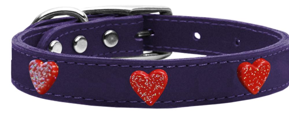 Red Glitter Heart Widget Genuine Leather Dog Collar Purple 10