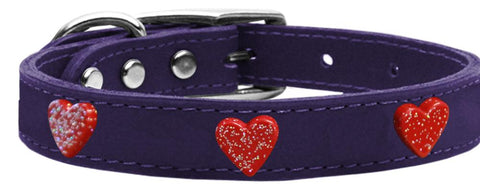 Red Glitter Heart Widget Genuine Leather Dog Collar Purple 12