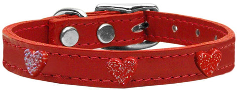 Red Glitter Heart Widget Genuine Leather Dog Collar Red 10