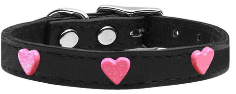 Pink Glitter Heart Widget Genuine Leather Dog Collar Black 10