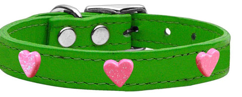 Pink Glitter Heart Widget Genuine Leather Dog Collar Emerald Green 10