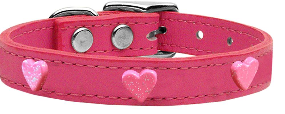 Pink Glitter Heart Widget Genuine Leather Dog Collar Pink 10