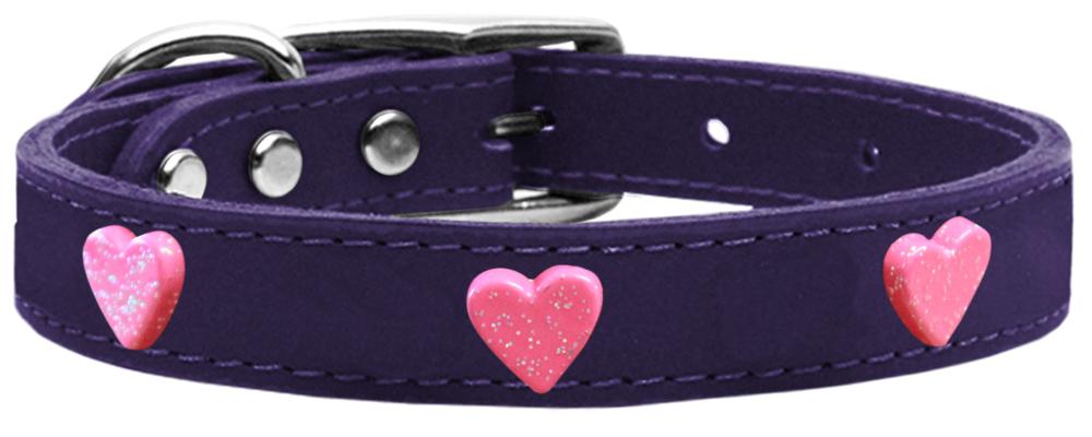 Pink Glitter Heart Widget Genuine Leather Dog Collar Purple 10