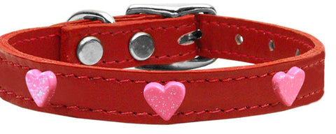 Pink Glitter Heart Widget Genuine Leather Dog Collar Red 10