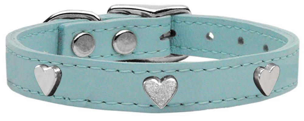 Silver Heart Widget Genuine Leather Dog Collar Baby Blue 10