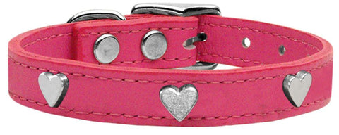 Silver Heart Widget Genuine Leather Dog Collar Pink 10