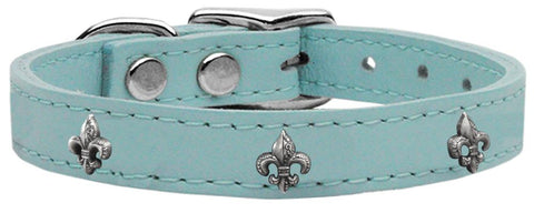 Silver Fleur De Lis Widget Genuine Leather Dog Collar Baby Blue 10