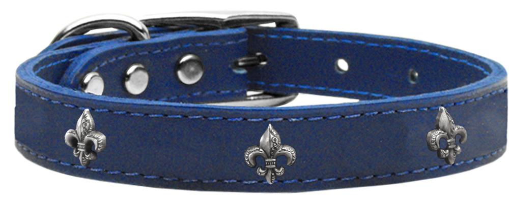 Silver Fleur De Lis Widget Genuine Leather Dog Collar Blue 10