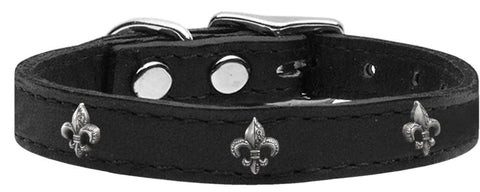 Silver Fleur De Lis Widget Genuine Leather Dog Collar Black 10