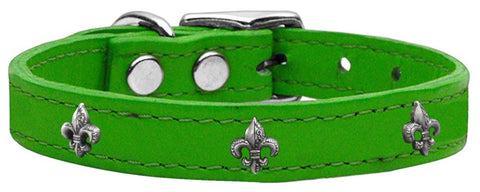 Silver Fleur De Lis Widget Genuine Leather Dog Collar Emerald Green 10