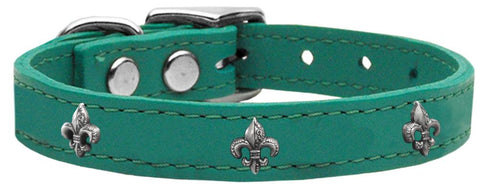 Silver Fleur De Lis Widget Genuine Leather Dog Collar Jade 10