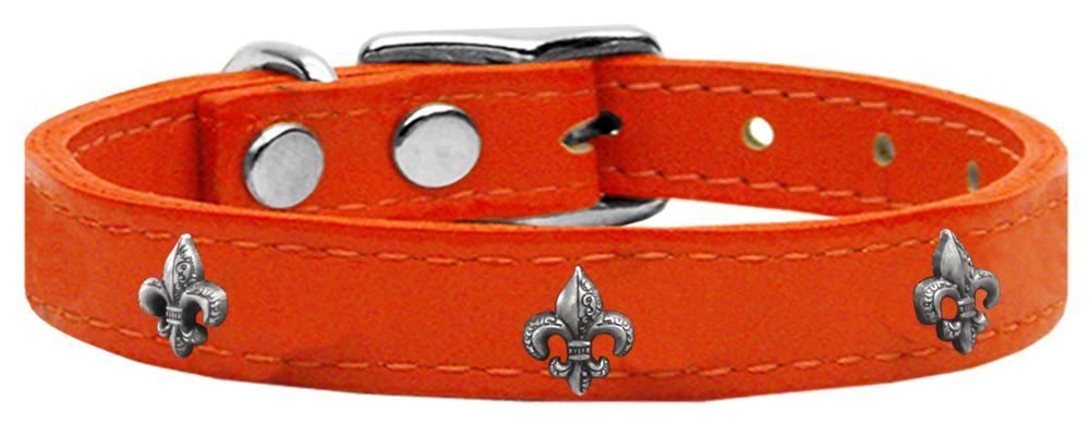 Silver Fleur De Lis Widget Genuine Leather Dog Collar Orange 10