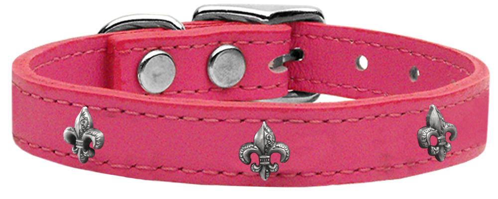 Silver Fleur De Lis Widget Genuine Leather Dog Collar Pink 10