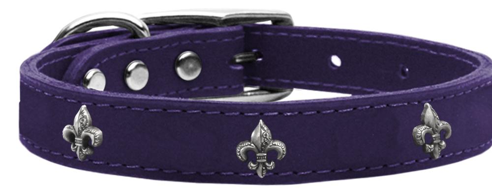 Silver Fleur De Lis Widget Genuine Leather Dog Collar Purple 10