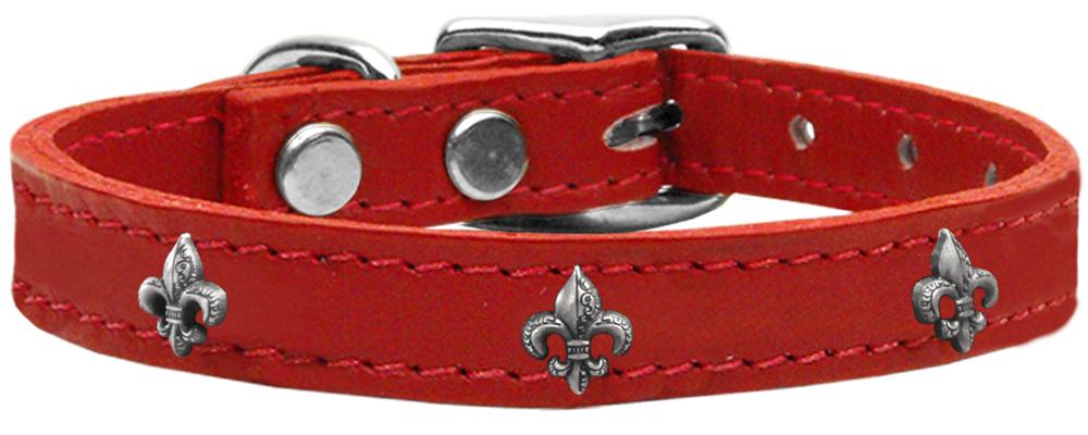 Silver Fleur De Lis Widget Genuine Leather Dog Collar Red 10