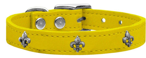 Silver Fleur De Lis Widget Genuine Leather Dog Collar Yellow 10