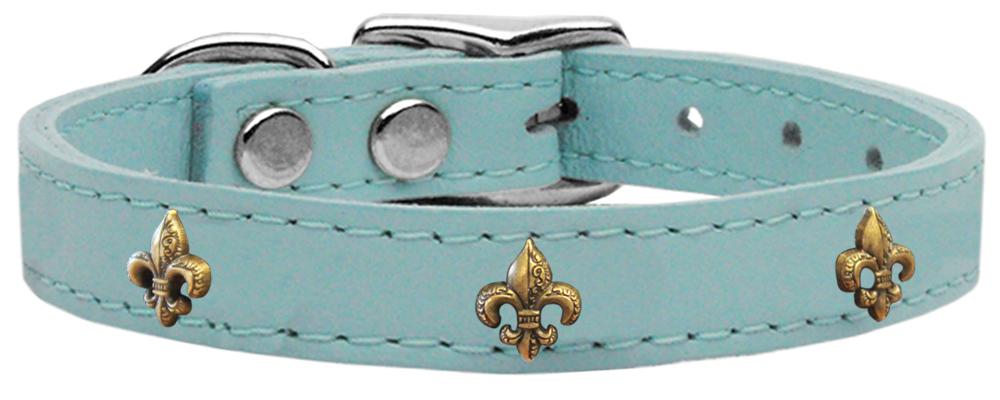 Bronze Fleur De Lis Widget Genuine Leather Dog Collar Baby Blue 10