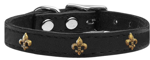 Bronze Fleur De Lis Widget Genuine Leather Dog Collar Black 10