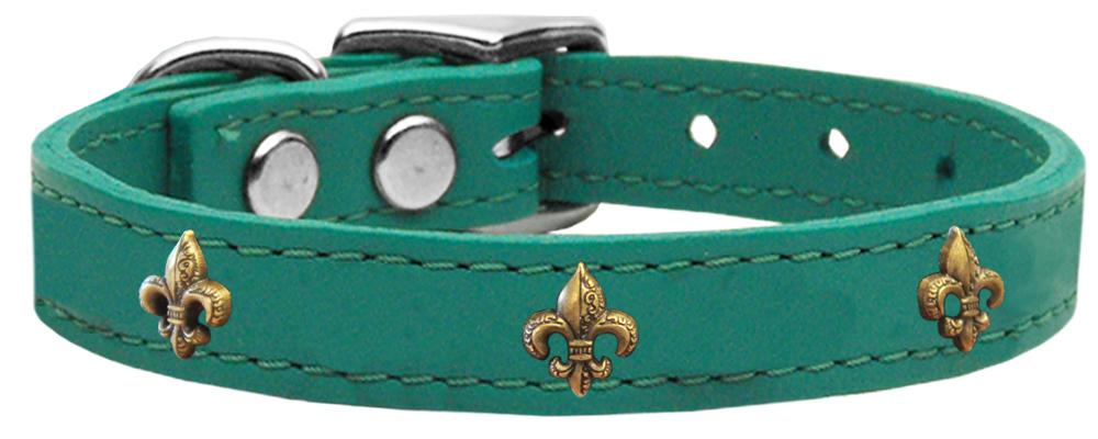 Bronze Fleur De Lis Widget Genuine Leather Dog Collar Jade 12