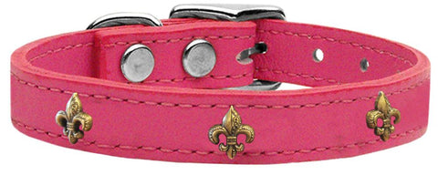 Bronze Fleur De Lis Widget Genuine Leather Dog Collar Pink 10