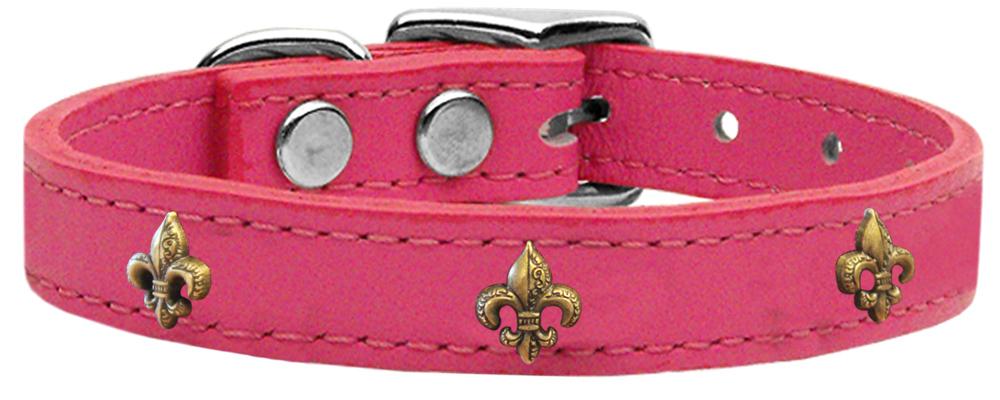 Bronze Fleur De Lis Widget Genuine Leather Dog Collar Pink 22