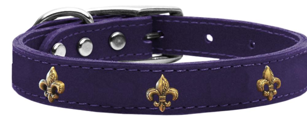 Bronze Fleur De Lis Widget Genuine Leather Dog Collar Purple 10