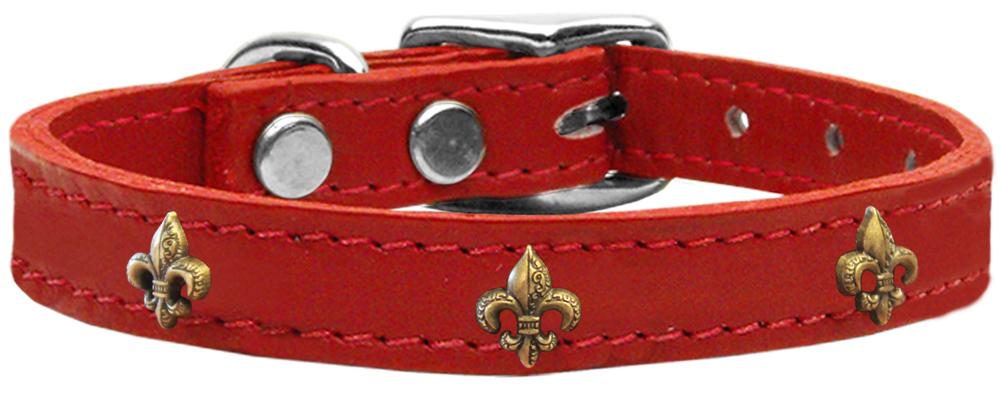 Bronze Fleur De Lis Widget Genuine Leather Dog Collar Red 10