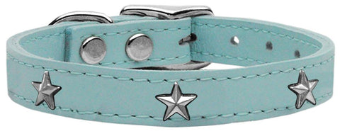 Silver Star Widget Genuine Leather Dog Collar Baby Blue 10