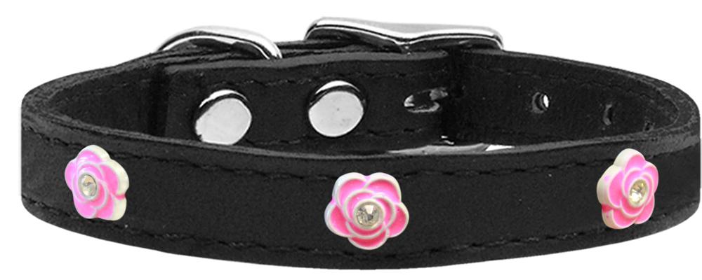 Bright Pink Rose Widget Genuine Leather Dog Collar Black 10