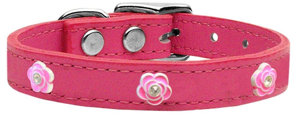 Bright Pink Rose Widget Genuine Leather Dog Collar Pink 10