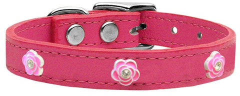 Bright Pink Rose Widget Genuine Leather Dog Collar Pink 16