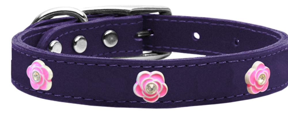 Bright Pink Rose Widget Genuine Leather Dog Collar Purple 10