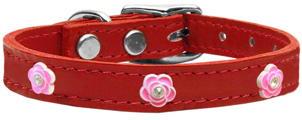 Bright Pink Rose Widget Genuine Leather Dog Collar Red 10