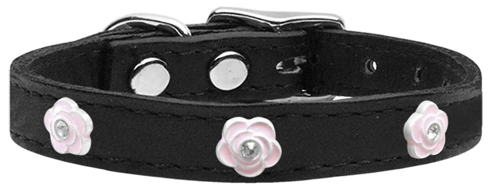 Light Pink Rose Widget Genuine Leather Dog Collar Black 10