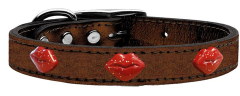 Red Glitter Lips Widget Genuine Metallic Leather Dog Collar Bronze 10