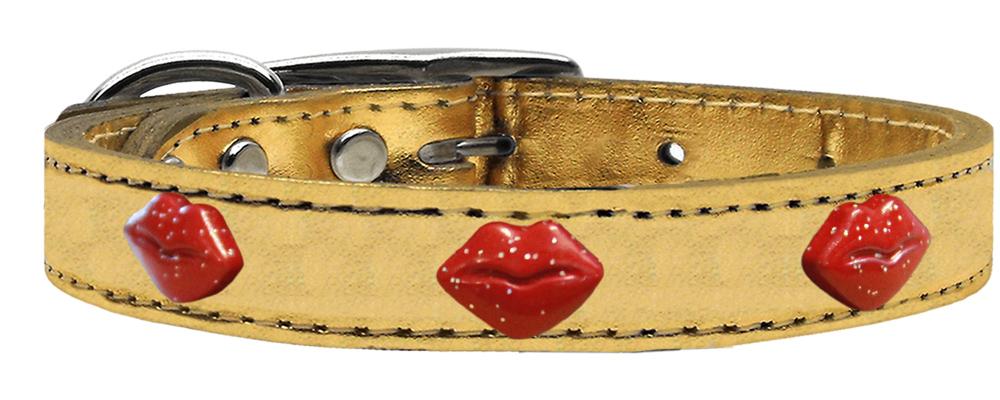 Red Glitter Lips Widget Genuine Metallic Leather Dog Collar Gold 10