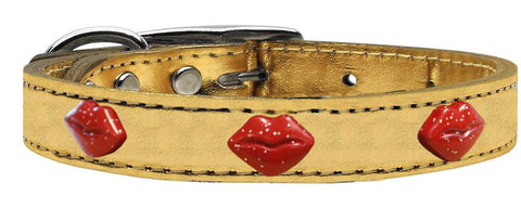 Red Glitter Lips Widget Genuine Metallic Leather Dog Collar Gold 10