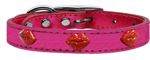 Red Glitter Lips Widget Genuine Metallic Leather Dog Collar Pink 10