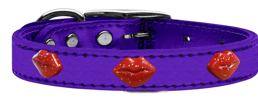 Red Glitter Lips Widget Genuine Metallic Leather Dog Collar Purple 10