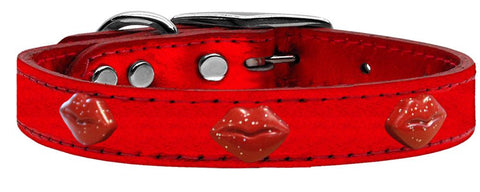 Red Glitter Lips Widget Genuine Metallic Leather Dog Collar Red 10