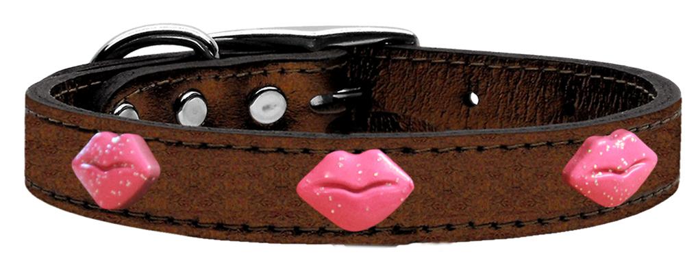 Pink Glitter Lips Widget Genuine Metallic Leather Dog Collar Bronze 10