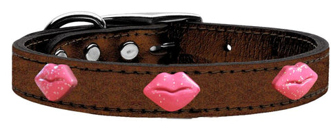 Pink Glitter Lips Widget Genuine Metallic Leather Dog Collar Bronze 10