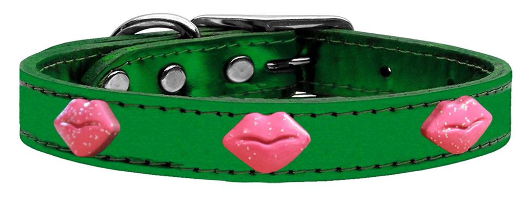 Pink Glitter Lips Widget Genuine Metallic Leather Dog Collar Emerald Green 10