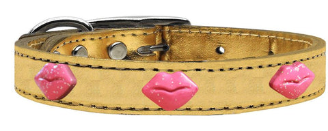 Pink Glitter Lips Widget Genuine Metallic Leather Dog Collar Gold 10