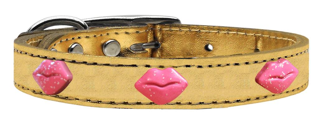 Pink Glitter Lips Widget Genuine Metallic Leather Dog Collar Gold 16