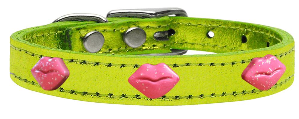 Pink Glitter Lips Widget Genuine Metallic Leather Dog Collar Lime Green 10